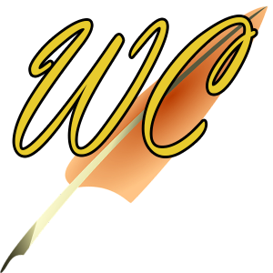 WordCrafter Logo: Quill pen in backgroud. Letters WC in foreground.