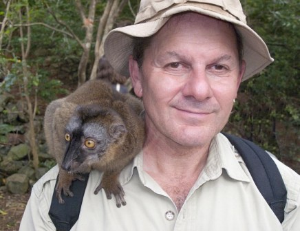Alan Dean Foster with Mayotte brown lemur. M’bouzi island, French Comoros. Photo credit to Michael Medford.