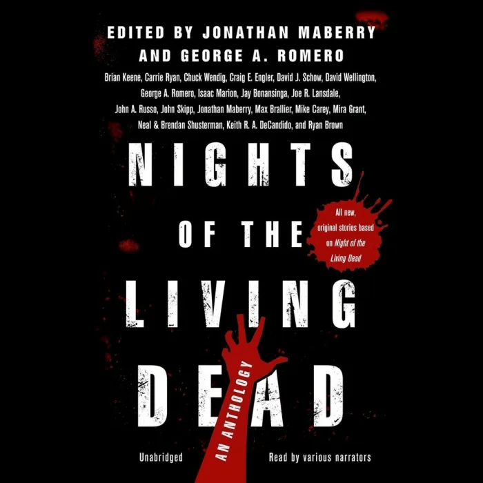 Audiobook Cover: Nights of the Living Dead: An Anthology, Edited by Jonathan Maberry and George A Romero, multiple authors and various narrators, (print too small to read)