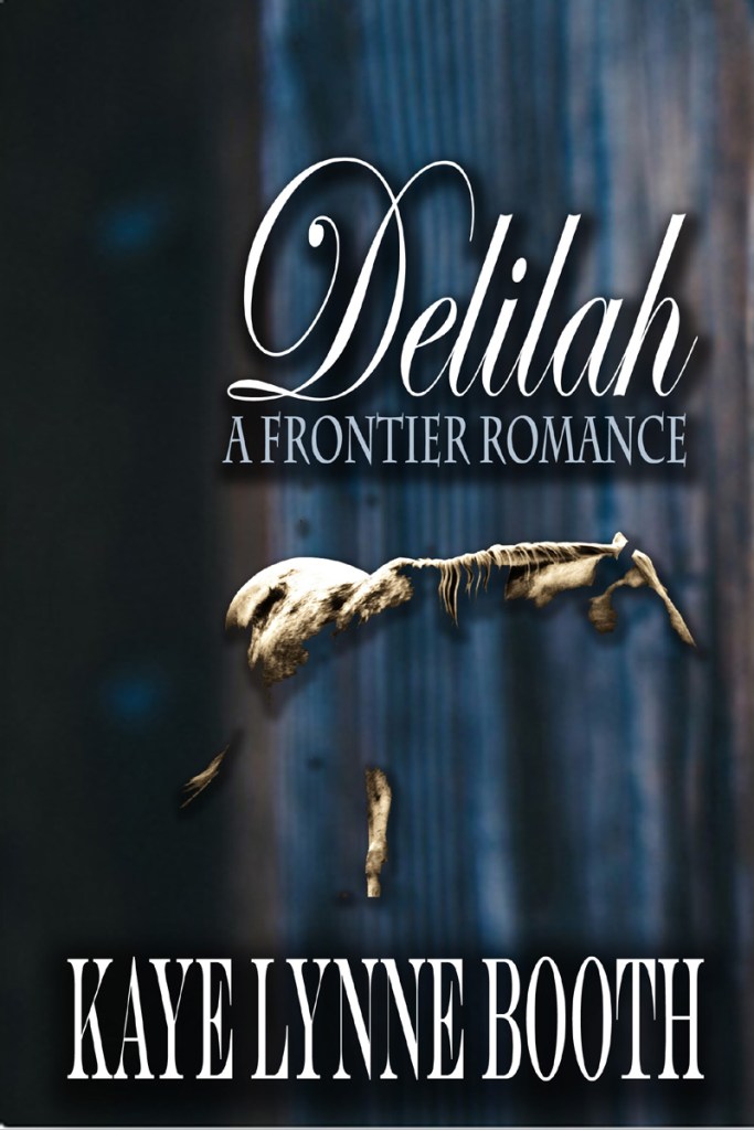 Book Cover: Delilah: A Frontier Romance, Kaye Lynne Booth
Vague image of a white horse on a dark background. Looks like a ghost horse.