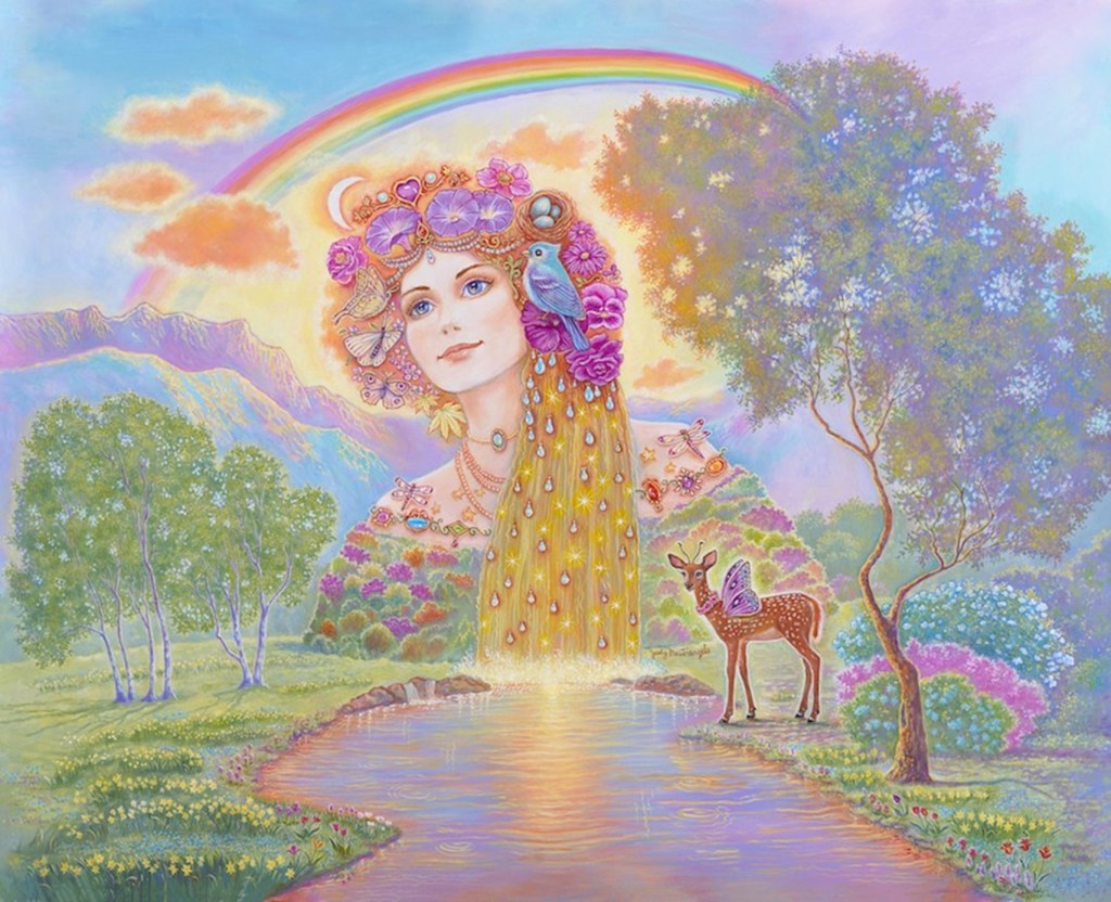 Painting: "Gaia's Love", byJudy Mastrangelo
IMage: Huge Goddess emerging from riverwith mountains in the background and rainbow above head. A wnged deer is at the river's edge, under the trees.