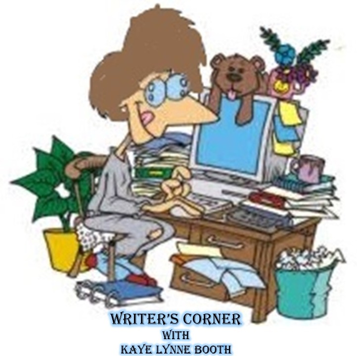 Caricature of a woman typing on a computer at a very messy desk.
Text: Writer's Corner with Kaye Lynne Booth