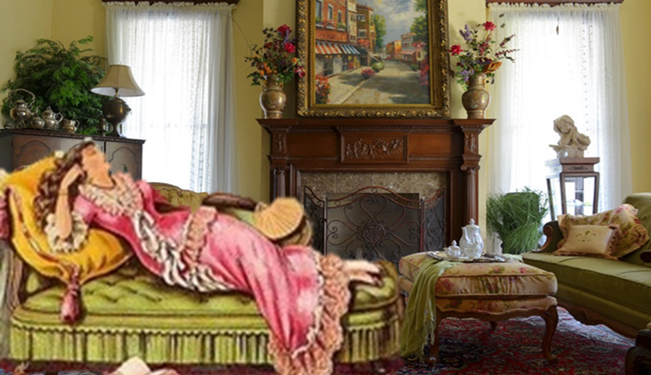 Woman on a fainting couch in a room with Victorian furnishings.