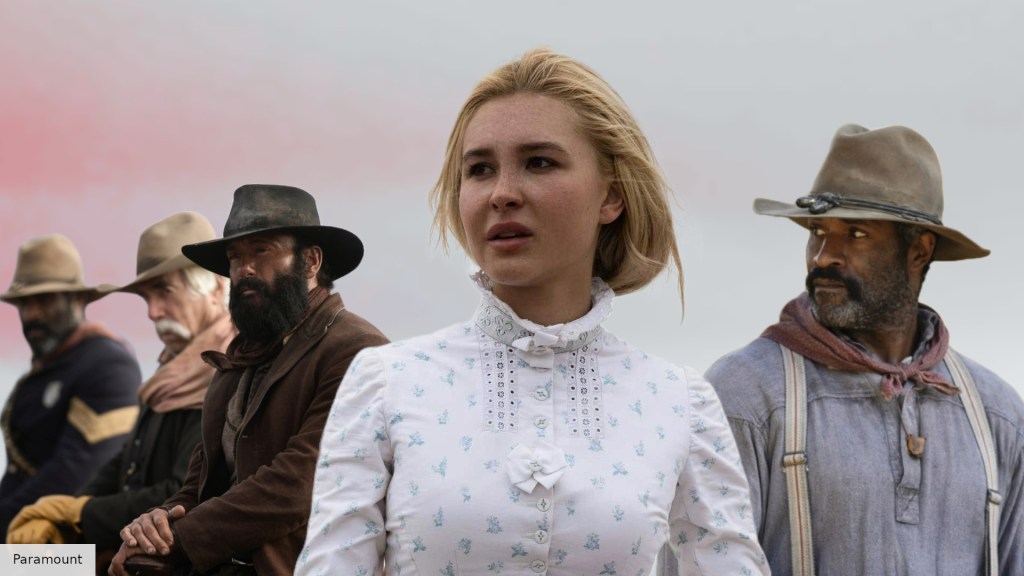 Four men in cowboy hats and western garb and a young woman staring off into the distance.