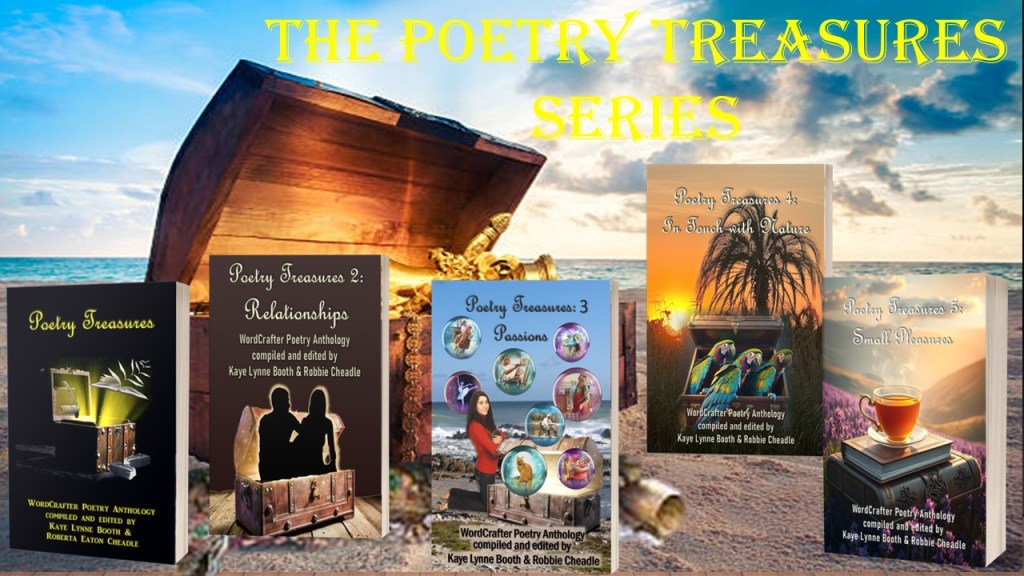 A treasure chest on a beach with Poetry Treasures volumes 1 - 5 in front.