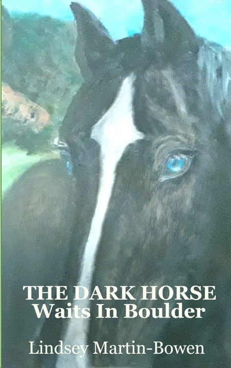 Book Cover: A black stallion with blue eyes against the background of Boulder flatirons
Text: The Dark Horse Waits in Boulder, Lindsey Martin-Bowen