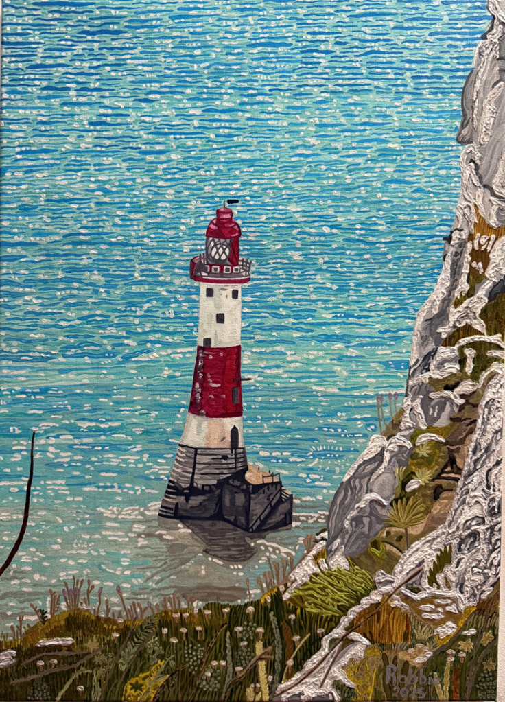 Painting of a lighthouse at the base of a cliff.