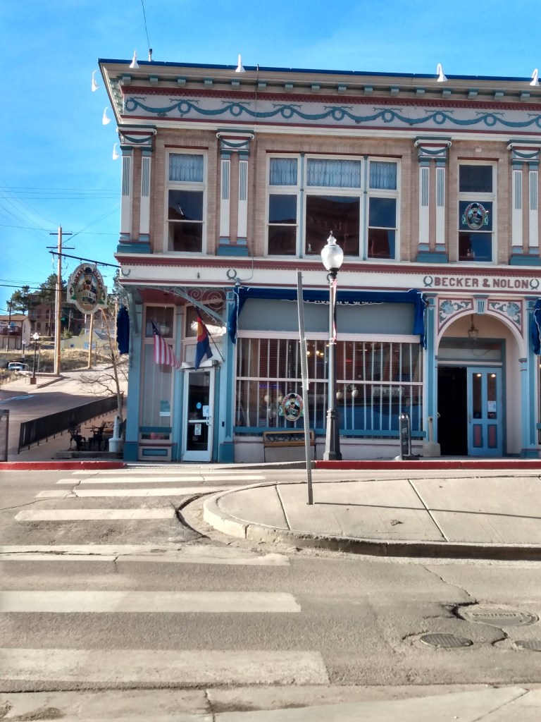Pink building with blue trim