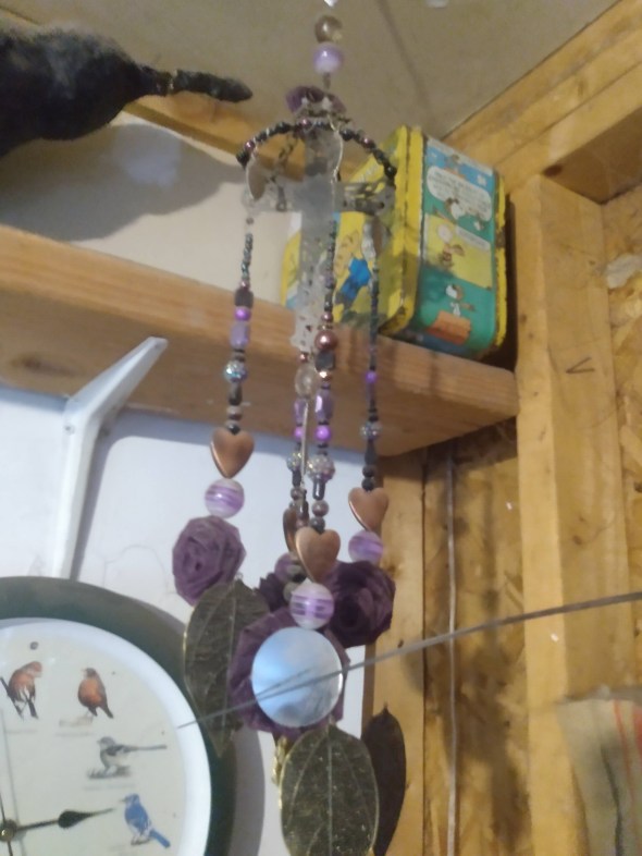 Windchime with purple roses and beads, bronze hearts and silver leaves