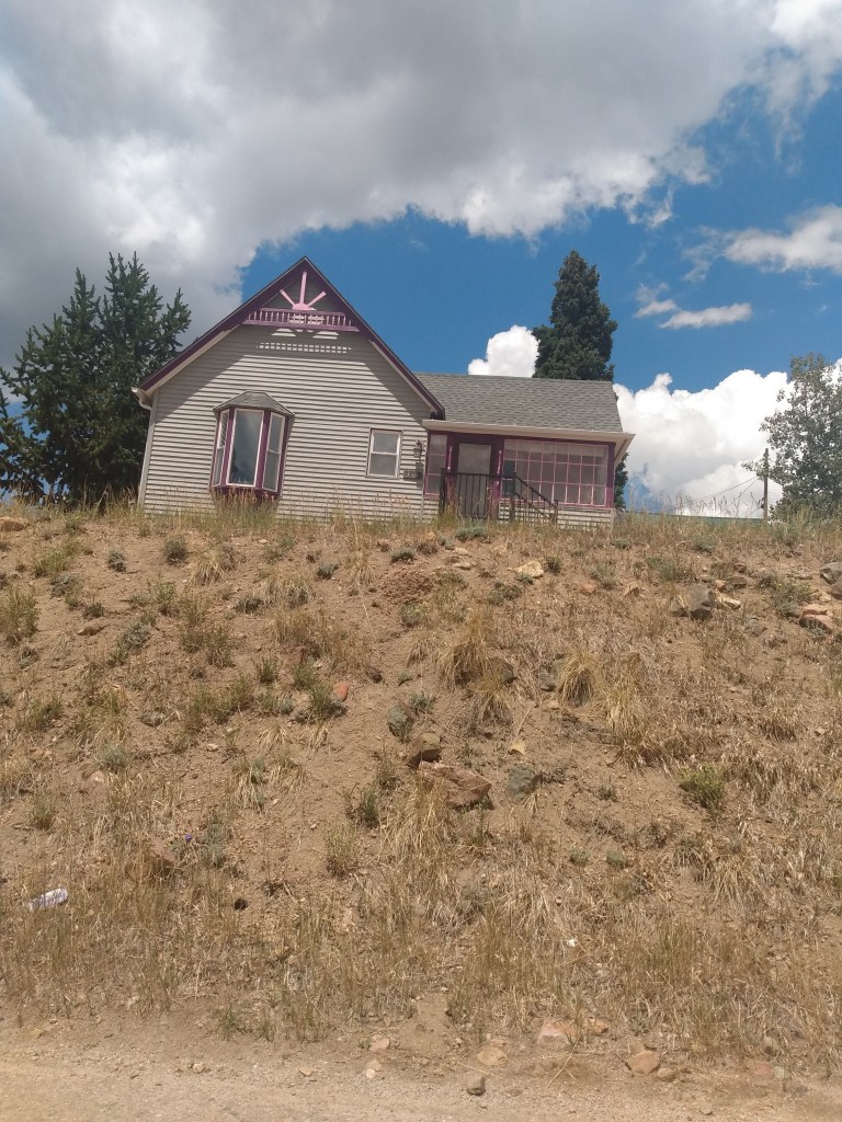 Gray house with purple trim